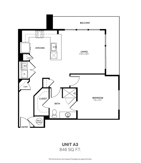 Floor plan for 1 bed, 1 bath, 846 sqft